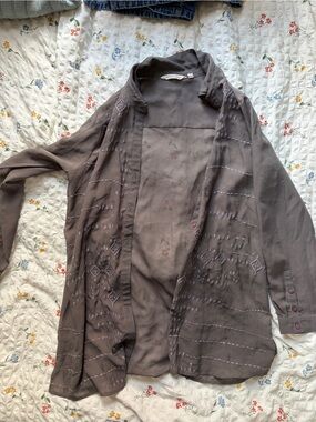 Sheer Embroidered Button-Up Blouse